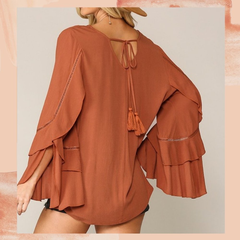 Burnt Orange Ruffle Bell Sleeve Surplus Blouse - Picture 2 of 6